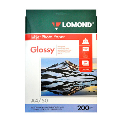 Бумага Ink Jet глянцевая, Lomond, 200г⁄м², А4, 50л, 2880 dpi, 1-ст.