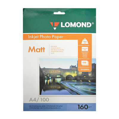 Бумага Ink Jet матовая, Lomond, 160г⁄м², А4, 100л, 2880 dpi, 1-ст.