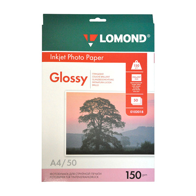 Бумага Ink Jet глянцевая, Lomond, 150г⁄м², А4, 50л, 2880 dpi, 1-ст.